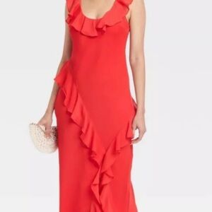 Ruffle Slip Dress -Light Red: Chiffon, Sleeveless, Scoopneck, Ankle Length